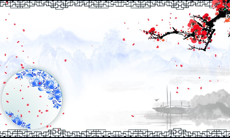 梅花窗格青花瓷展板背景，复古中国风高清JPG/PSD设计素材