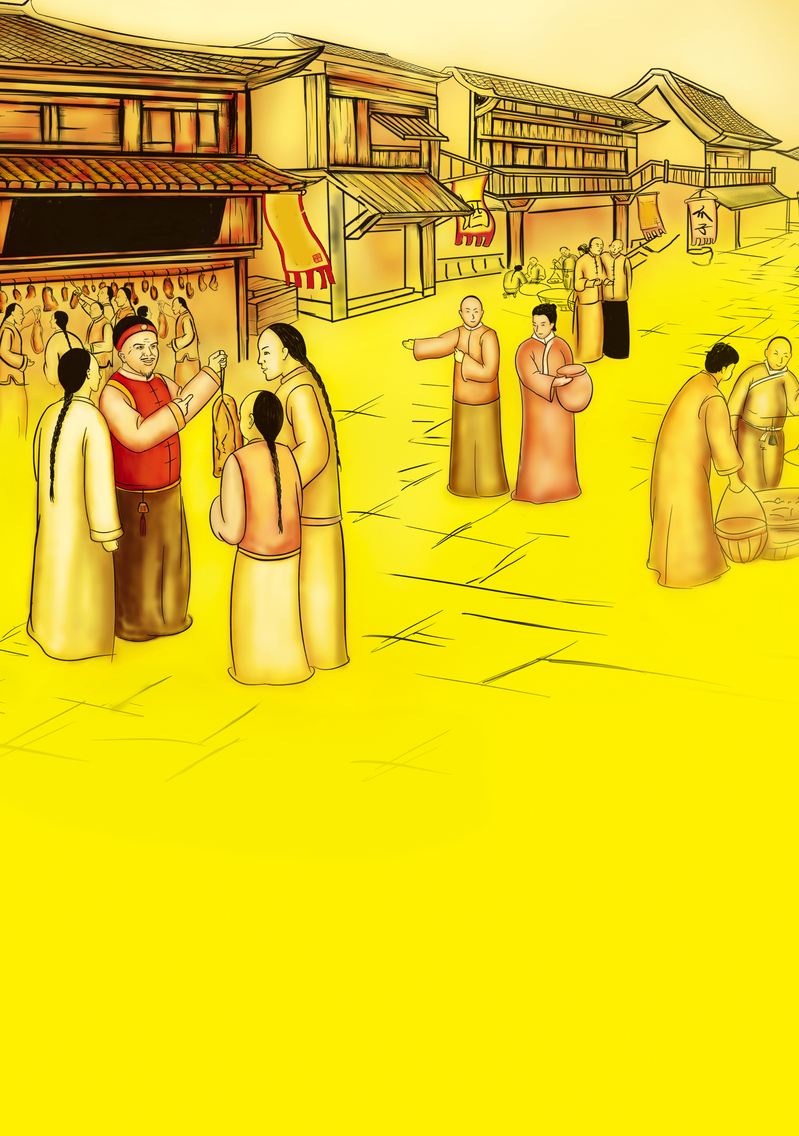 古代商业街复古风素材，高清JPG与PSD格式，中国风黄色背景设计资源下载