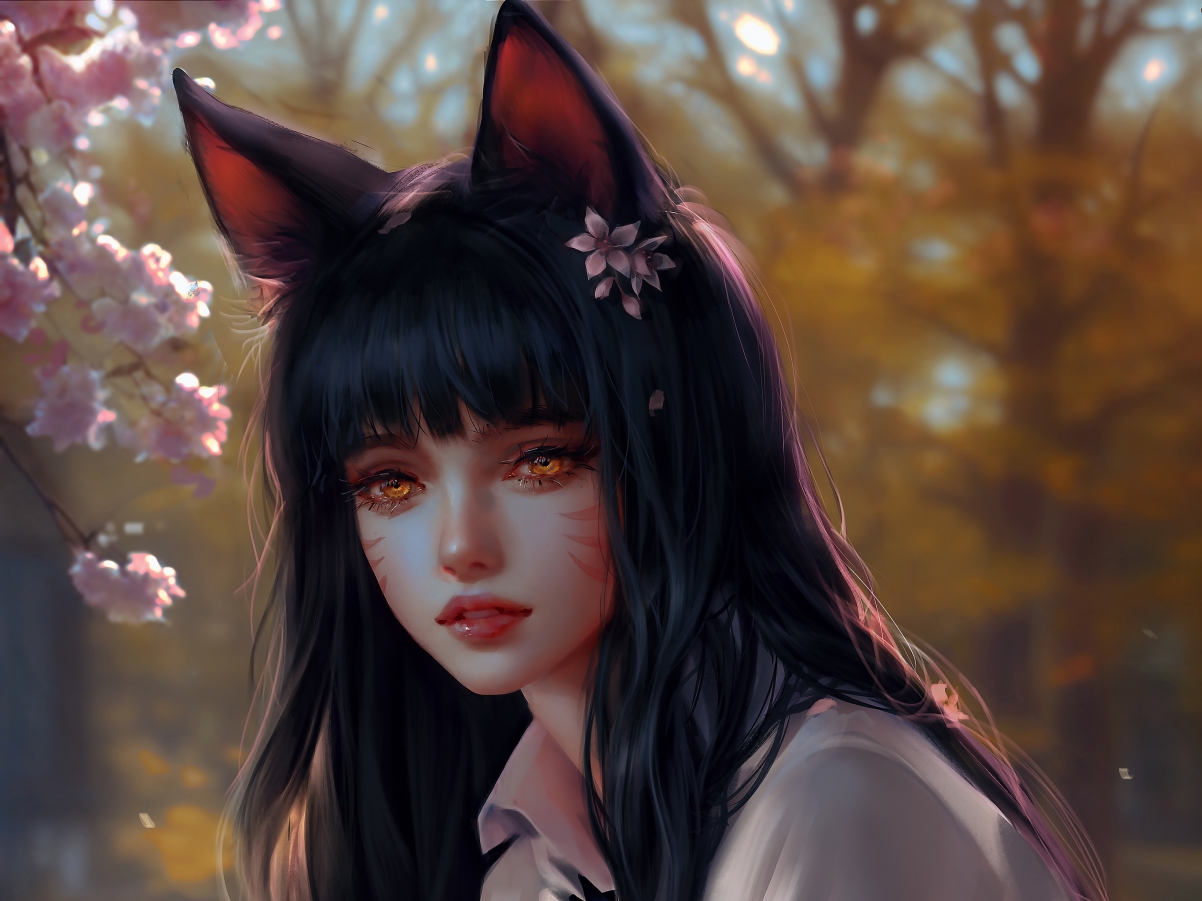 阿狸厚涂兽耳长发女神，白衣翩跹，花间漫步，超清2732x2048平板壁纸免费下载
