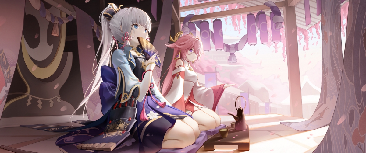 原神角色壁纸，神里绫华&八重神子 4K超清带鱼屏壁纸 3440x1440 免费下载