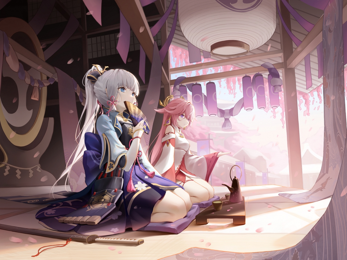 原神绝美角色壁纸，神里绫华与八重神子高清平板壁纸，2732x2048分辨率，免费下载！