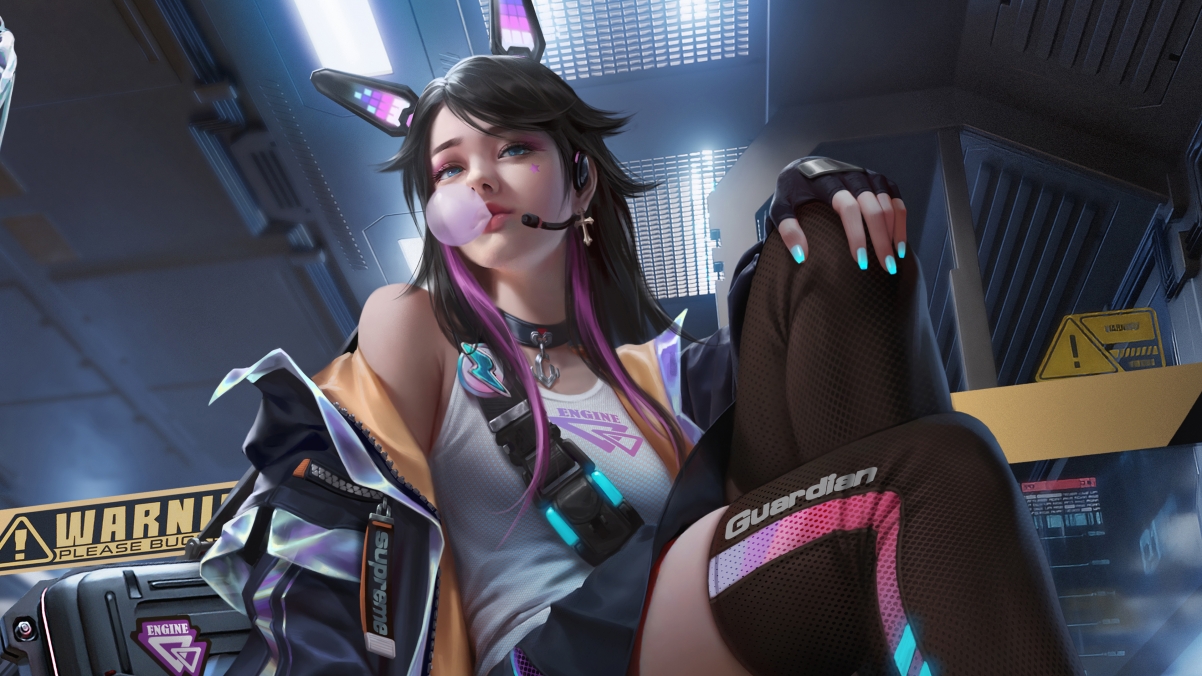 3D个性女孩壁纸，帅气吹泡泡糖，兔耳朵点缀，4K高清动漫图片，3840x2160免费下载