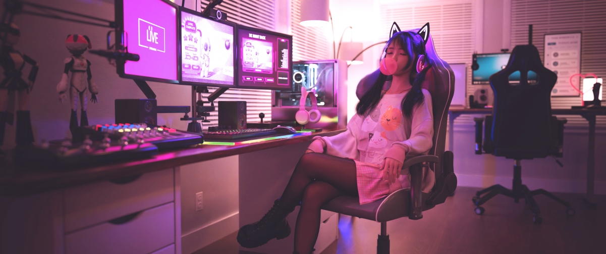 动漫女孩4K高清壁纸，黑色连裤袜，闭眼CG，带鱼屏3440x1440