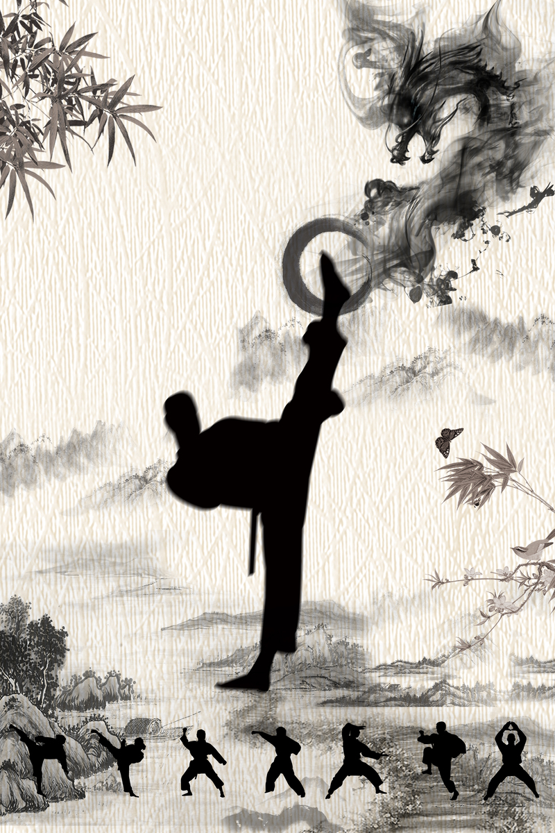 中国风水墨武术培训海报背景，复古高清JPG/PSD设计素材下载