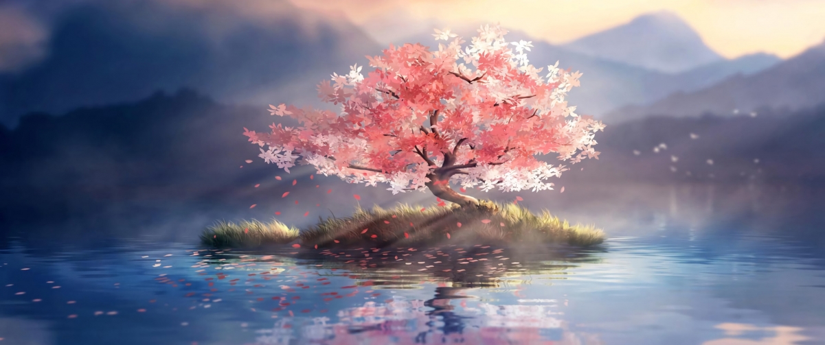孤树红叶映湖波，唯美倒影动漫景，4K高清壁纸3440x1440下载
