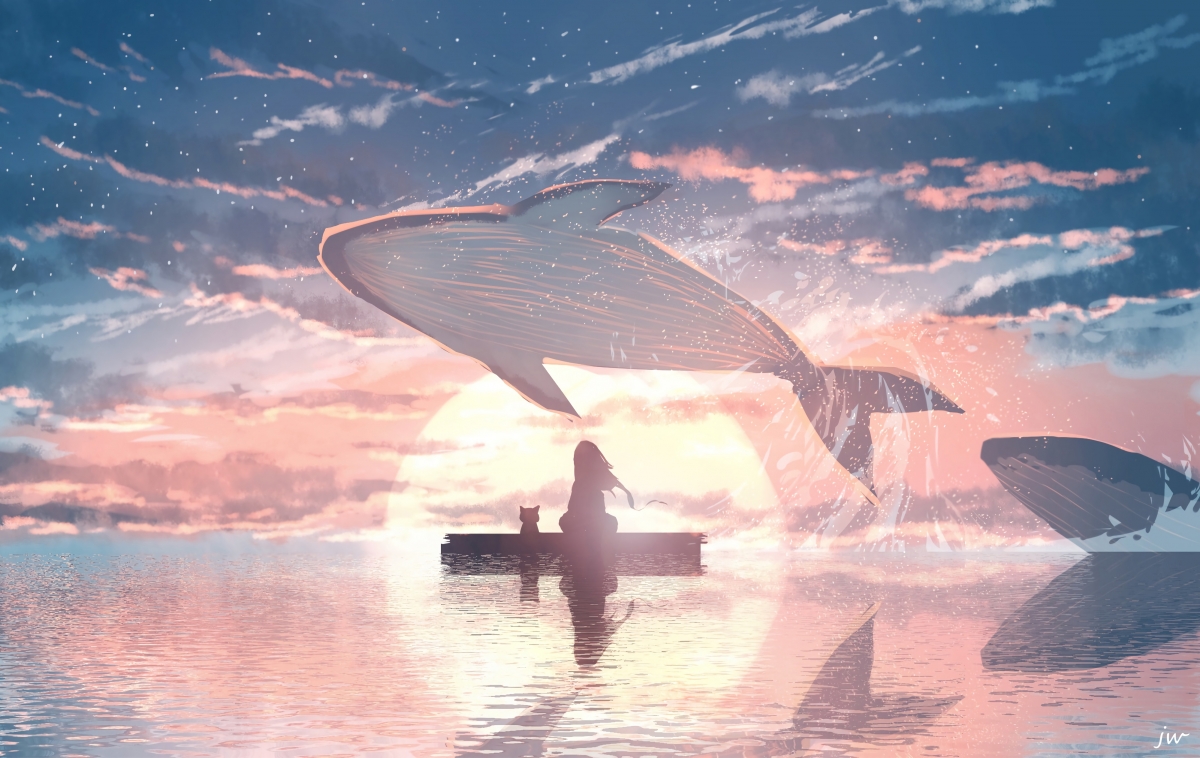 唯美梦幻鲸鱼女孩，日落大海美景，4K高清动漫壁纸下载（4000x2526）