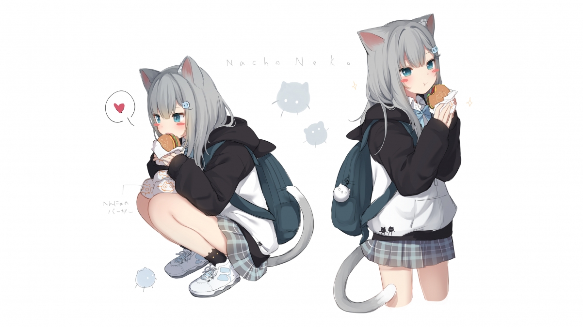 猫羽雫萌趣壁纸，双女孩猫耳兽耳，汉堡相伴，超高清4K动漫壁纸下载