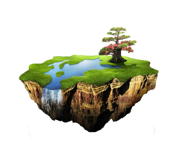 空中漂浮岛屿PNG透明图，植物装饰元素，高清设计素材下载