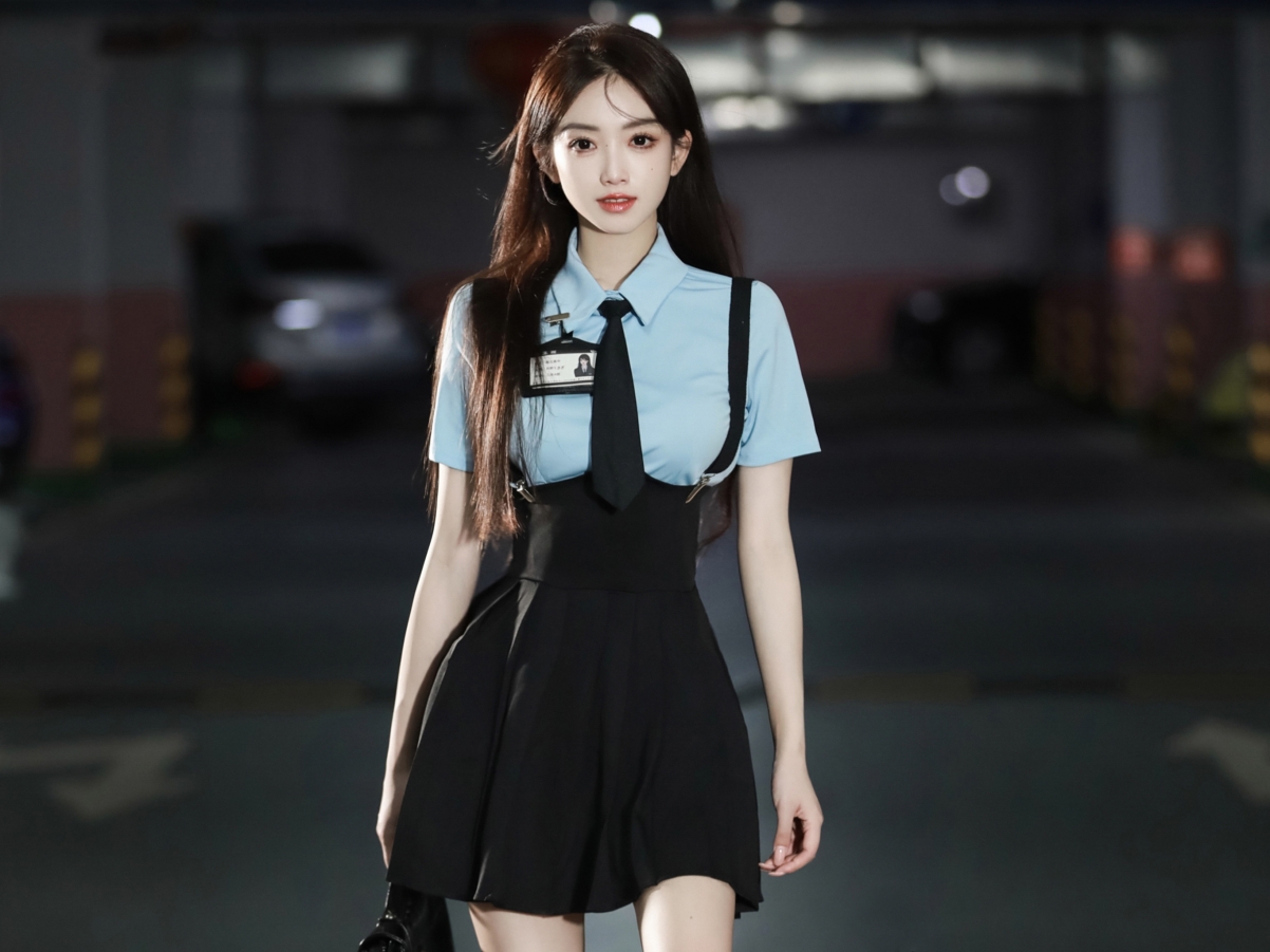 女神风采尽显，高颜值美女穿蓝色衬衫黑裙制服，搭配领带，优雅气质，平板壁纸高清下载