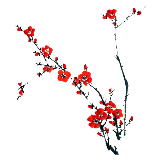 红色梅花水墨画PNG透明素材，高清植物装饰元素，免费下载