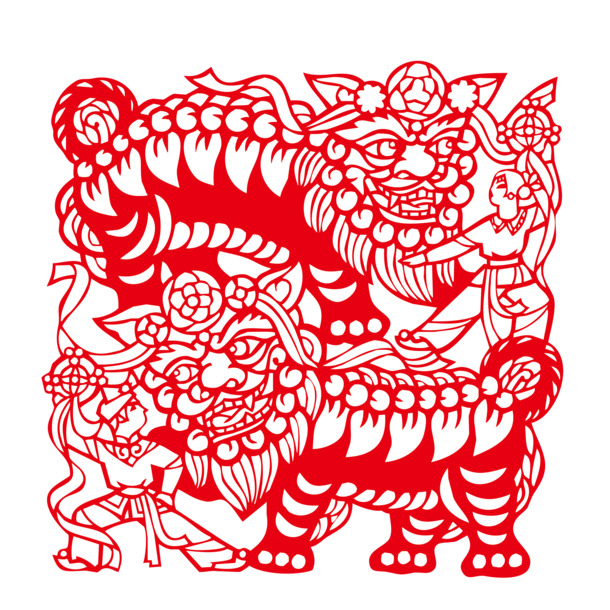 中国风剪纸舞狮子PNG透明图片，EPS格式设计素材高清下载