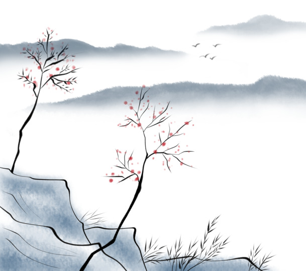 中国风远山山水画水墨画PNG透明图片，高清装饰元素，设计素材下载