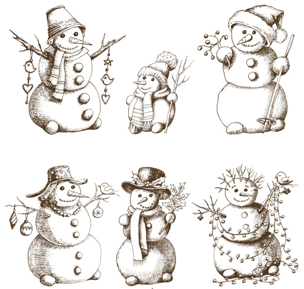雪人手绘PNG透明图，6款高清节日元素，圣诞设计素材免费下载