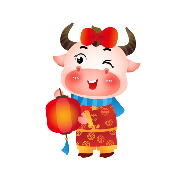 小牛牛年灯笼PNG透明图，元旦春节元宵节日元素，高清下载