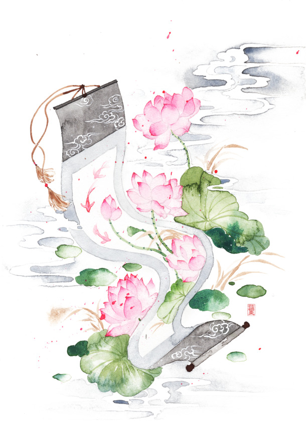 唯美古风手绘插画，高清PNG透明图，手绘卡通元素，设计素材下载