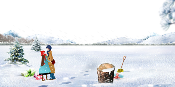 情侣雪地漫步高清PNG透明图，圣诞节节日元素，设计素材下载