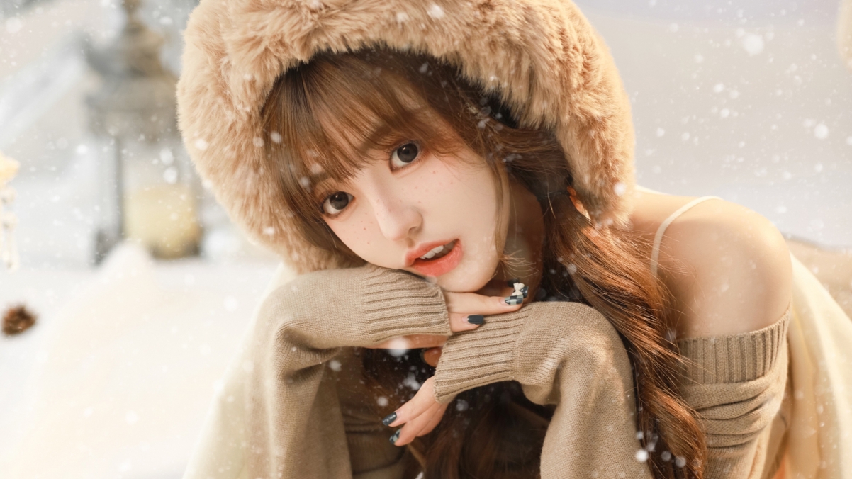 圣诞美女萌态可掬，帽子毛衣点缀，雪花纷飞，4K高清壁纸下载