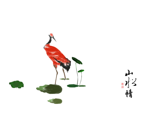 国潮水墨手绘鹤PNG/PSD素材，高清透明动植物元素下载