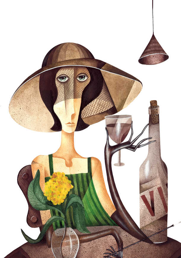 优雅女子品红酒，高清PNG透明背景油画素材，精美底纹设计，免费下载