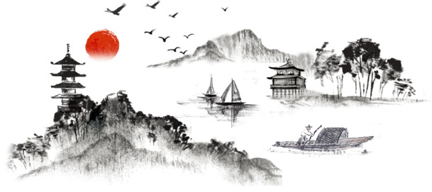 水墨山水风景画素材，高清PNG透明手绘卡通元素，免费下载