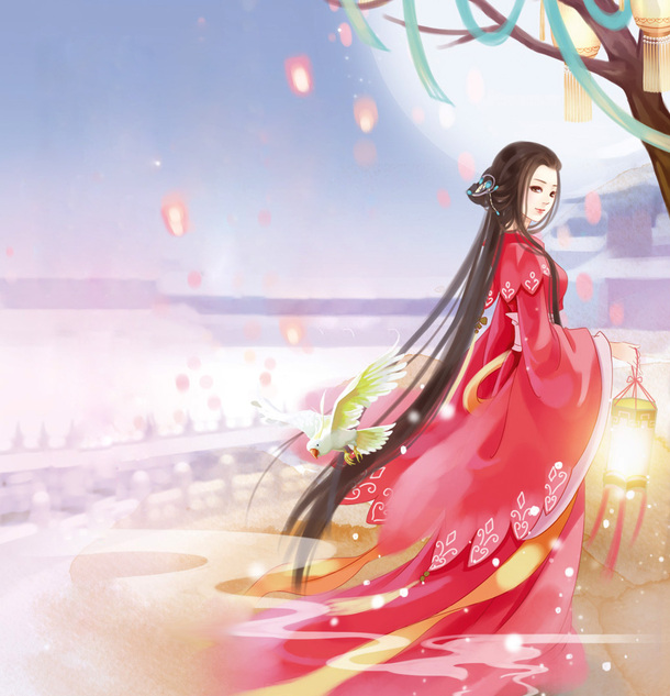 古风灯笼花束美女手绘PNG，红衣透明背景，卡通手绘设计素材下载
