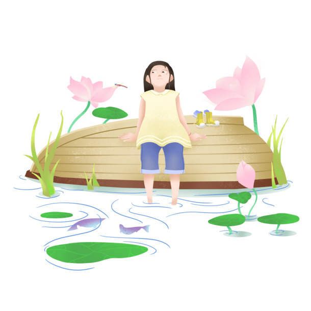 立夏荷塘戏水女孩PNG透明图，节日元素与PSD设计素材下载