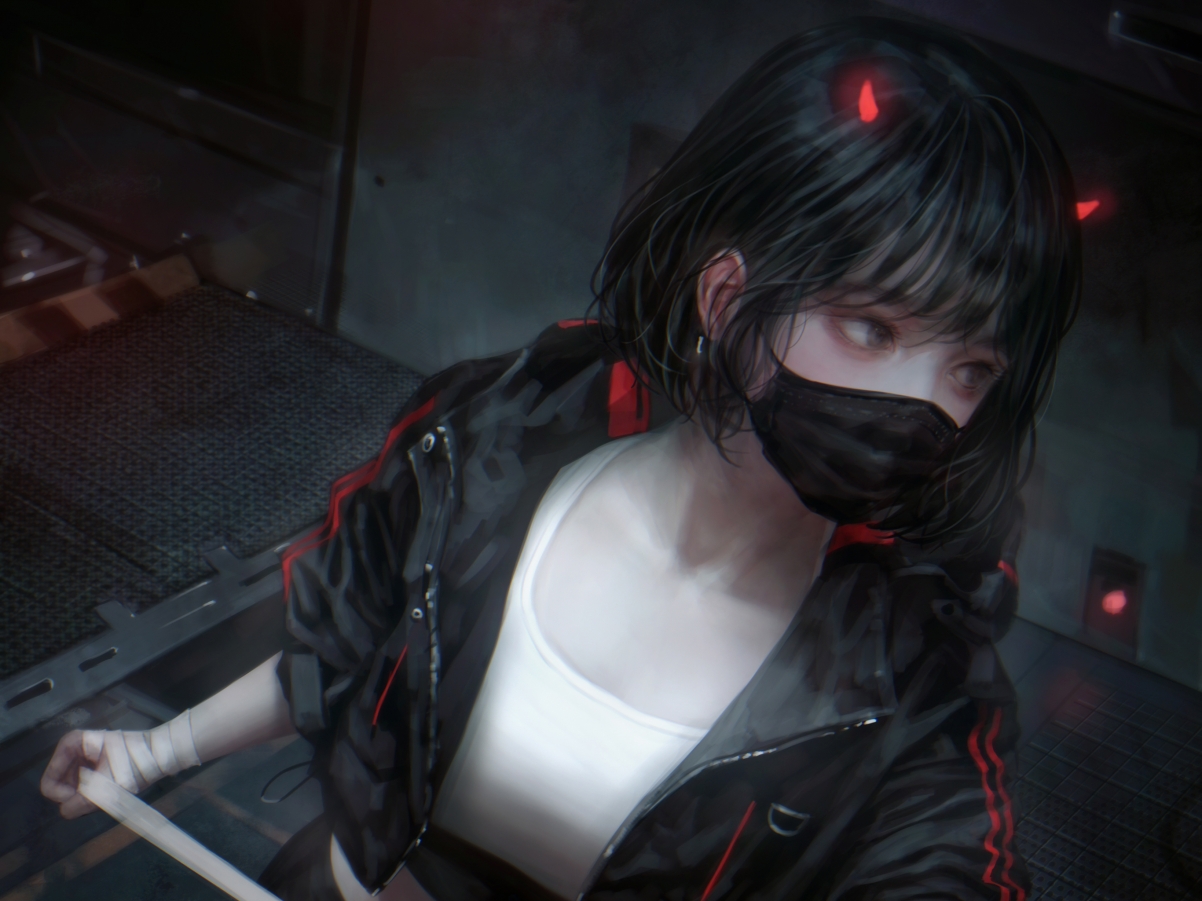 黑色口罩女孩与红色小牛角，动漫美女iPad平板壁纸，高清2732x2048下载