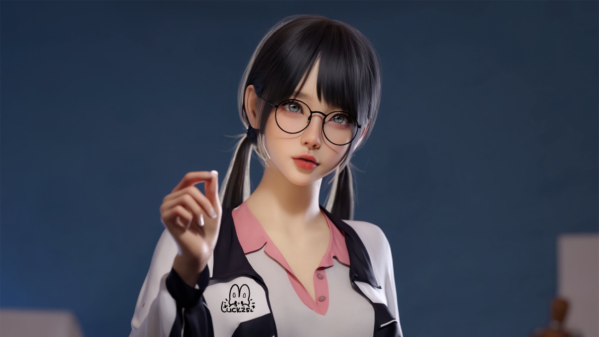 4K超清壁纸，可爱女学生戴麻匪眼镜，双马尾校服形象，电脑桌面首选