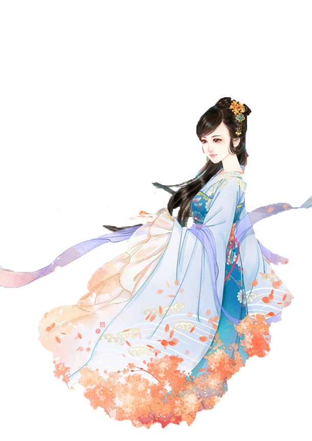 古风蓝衣飘带女子立绘PNG素材，高清透明花瓣漂浮元素下载