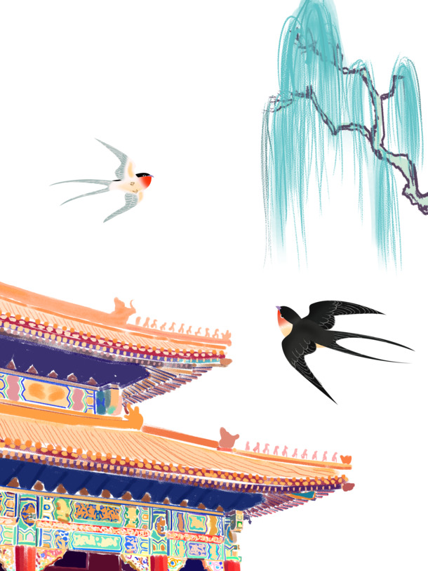 立春时节，燕子飞檐手绘元素图，高清PNG透明卡通手绘PSD设计素材下载