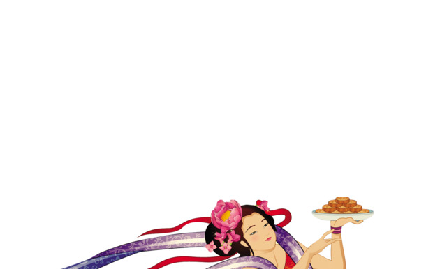 手绘卡通女孩端月饼高清PNG透明图，中秋节节日元素设计素材下载