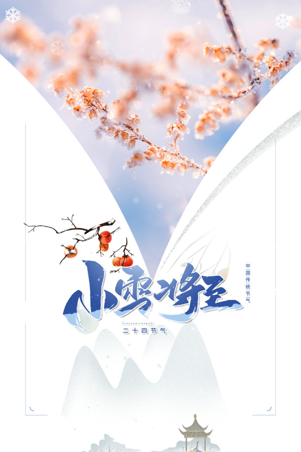 冬季小雪节气手绘卡通元素，树枝柿子雪花PNG/PSD高清透明设计素材下载
