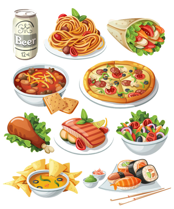 卡通手绘美食PNG透明免扣素材，各国风味高清图片设计元素下载