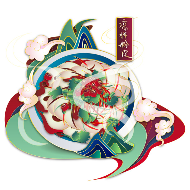 国潮风凉拌粉美食PNG透明图片，中国风装饰元素，高清素材下载