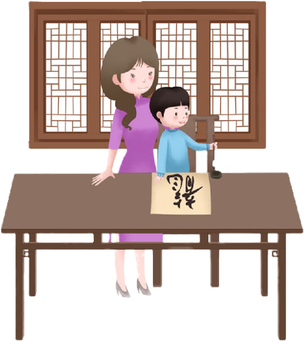 手绘亲子写字温馨瞬间，高清PNG透明图片，节日元素设计素材下载