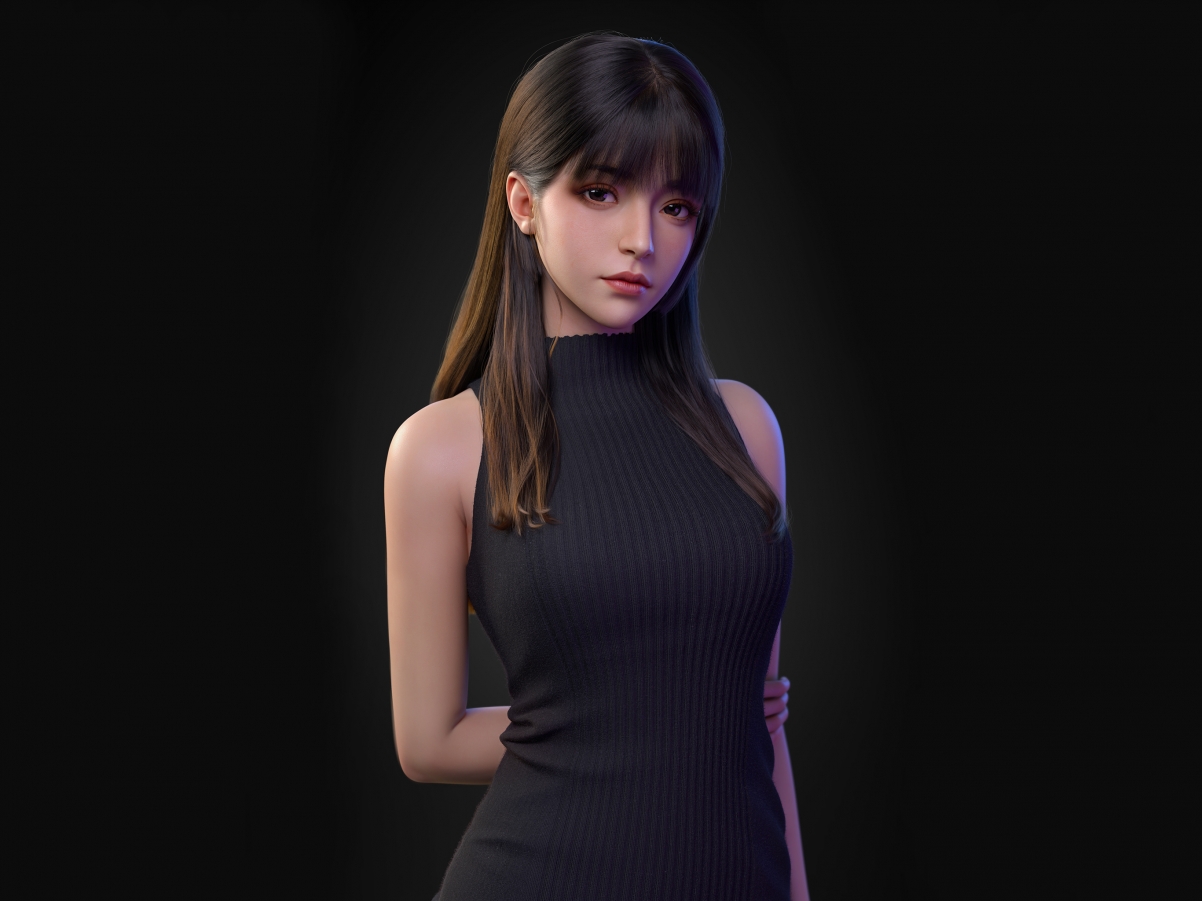 3D美女长发气质，黑色毛衣裙平板壁纸，高清2732x2048下载