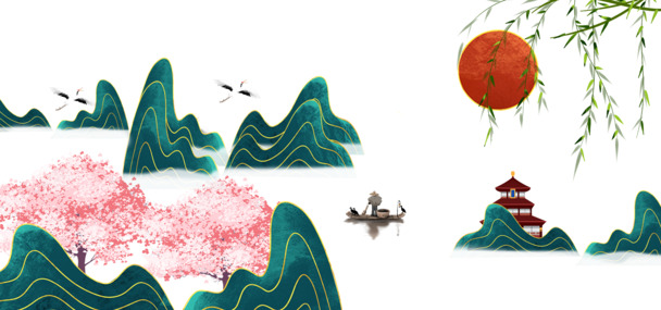 春天樱花柳条山景手绘，船渔翁卡通PNG透明图，PSD设计素材下载