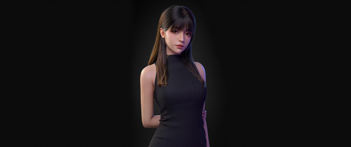 3D美女长发飘逸，黑色毛衣裙时尚迷人，带鱼屏4K动漫壁纸高清下载