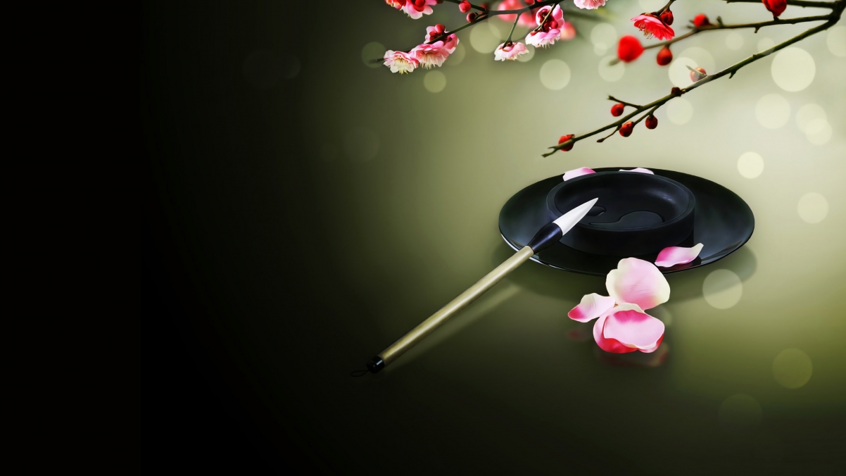 唯美中国风桃花墨盘毛笔花瓣4K高清壁纸，3840x2160超清下载