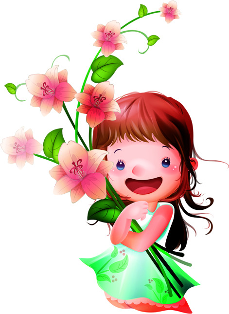 六一儿童节PNG素材，小女孩抱花笑颜，高清透明图片下载