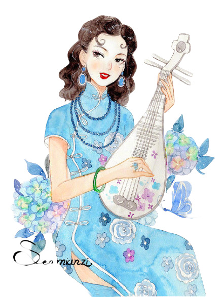琵琶旗袍美女手绘PNG透明图，卡通元素PSD设计素材下载