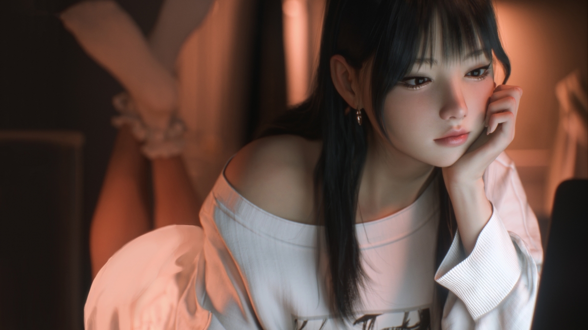 4K超清壁纸，可爱长发少女居家看电脑，白衣动漫形象，桌面美化首选
