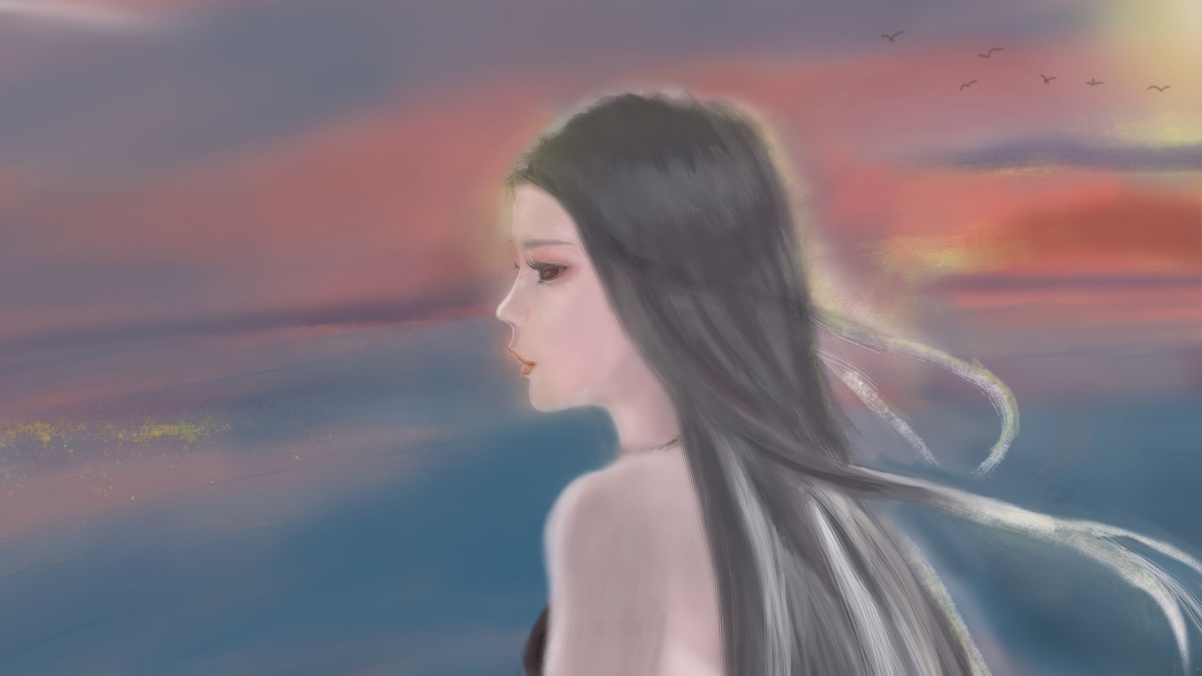 唯美长发少女海边漫步，梦幻云彩厚涂，4K高清壁纸惊艳下载
