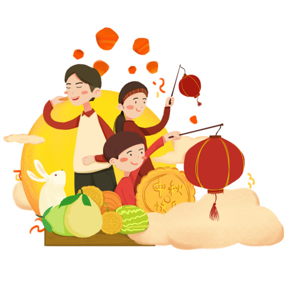 中秋团圆佳节，全家欢聚月饼PNG透明图，高清素材免费下载