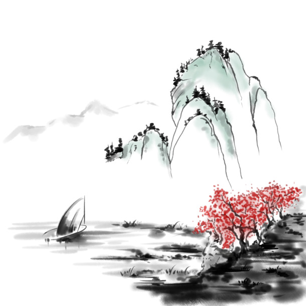 中国风手绘水墨山水徽派建筑，13款高清PNG透明装饰元素，免费下载！