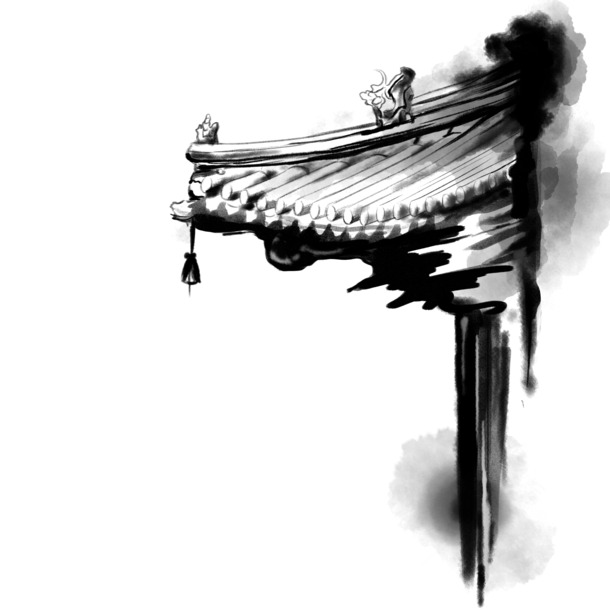 水墨建筑手绘，中国风PNG透明图片素材，手绘卡通元素PSD下载