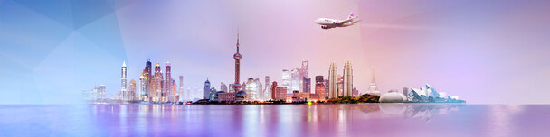 上海都市繁华景象，彩绘飞机起飞高清PNG背景图，透明元素，设计素材下载