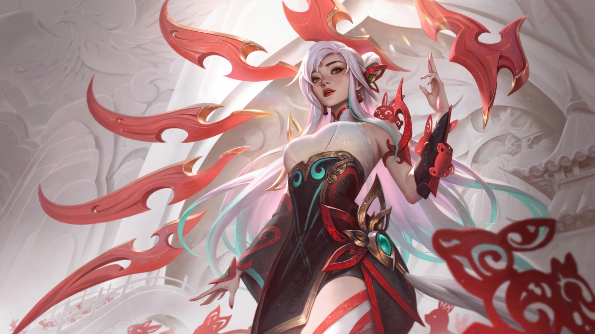 LOL英雄联盟，兔年刀锋舞者艾瑞莉娅剪纸仙灵8K超高清壁纸下载