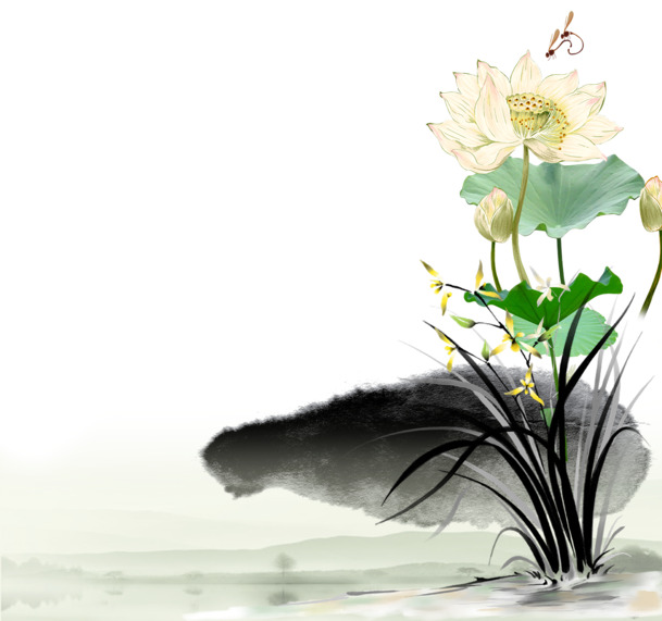 水墨荷花PNG透明图，高清植物装饰PSD素材，免费下载