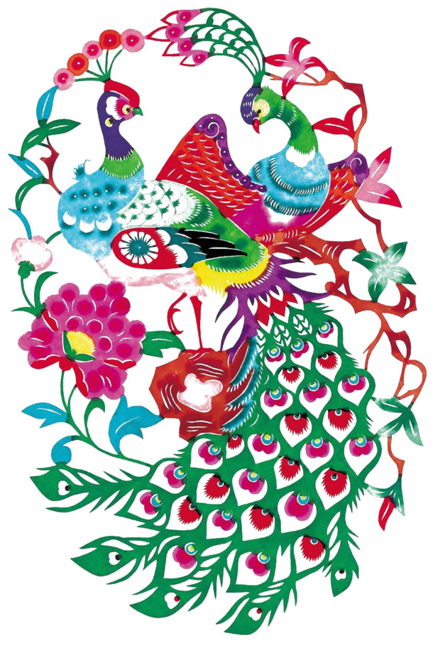 孔雀剪纸画PNG透明图，高清装饰元素，动物图片设计素材下载